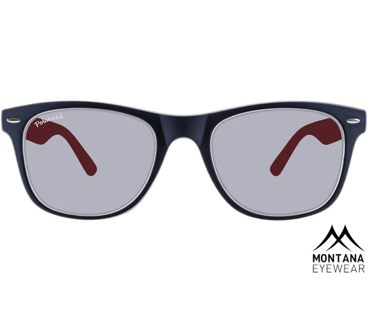 Oasis (Red) classic two tone, red and navy blue wayfarer sunglasses with large, smoke grey tinted lenses. Front view.
