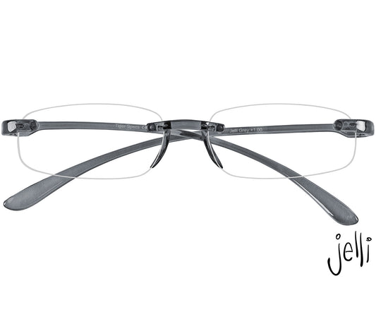 Jelli (Grey) rimless, slim reading glasses with semi translucent arms and bridge. Front view.