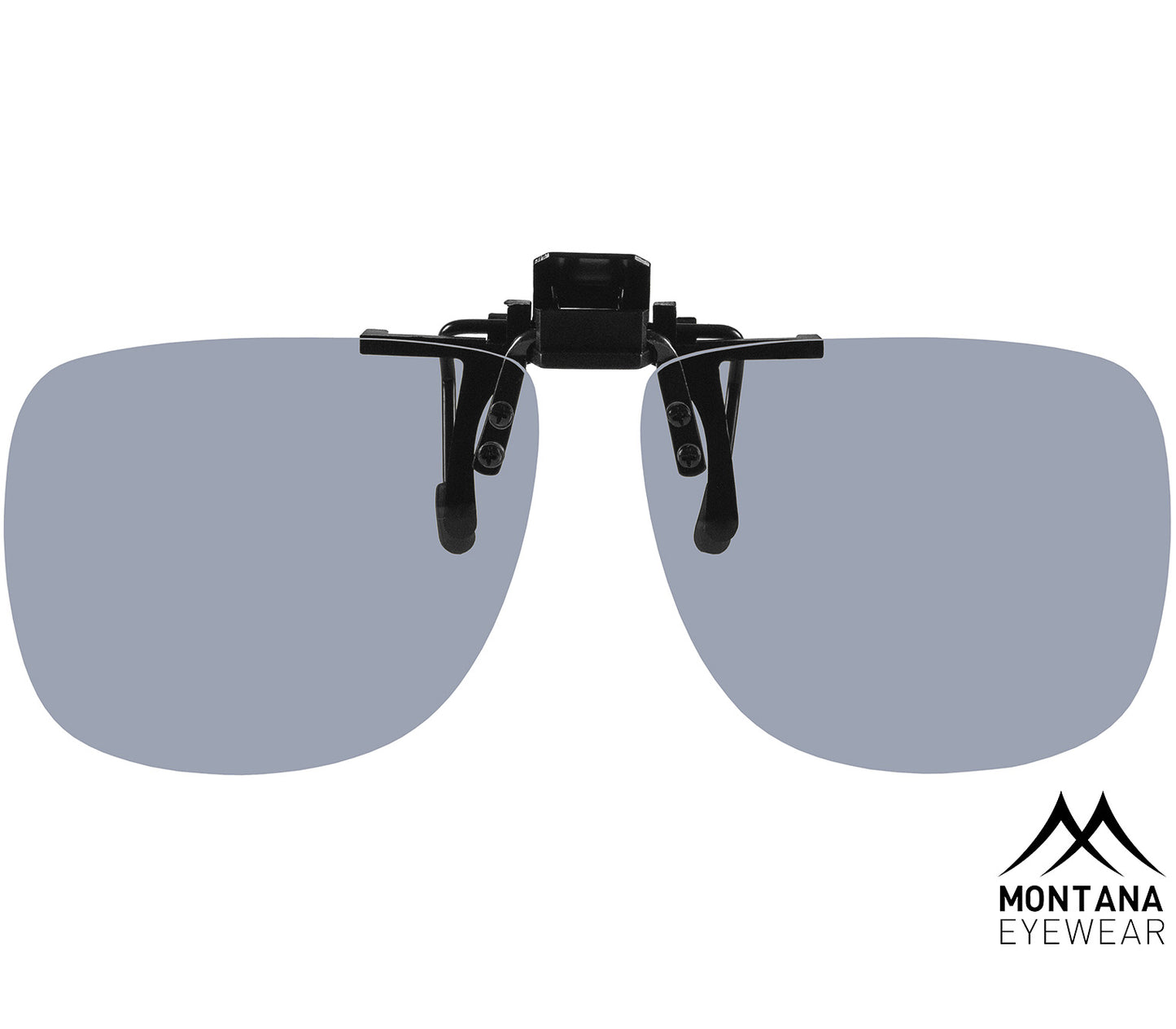 Shady (Black) unisex wayfarer style clip on sunglasses with smoke grey tinted lenses. Front view.