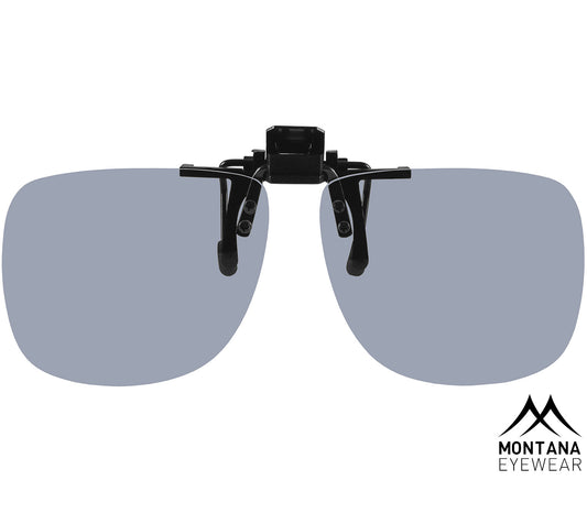 Shady (Black) unisex wayfarer style clip on sunglasses with smoke grey tinted lenses. Front view.