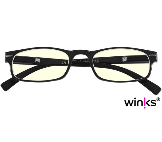 London Digital (Black) classic rectangular and slim unisex blue light reading glasses in a glossy black finish. Front view.
