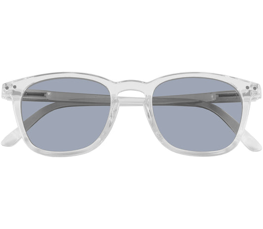 Davos (Clear) classic shaped unisex reading sunglasses with a clear frame and smoke grey lenses. Front view.