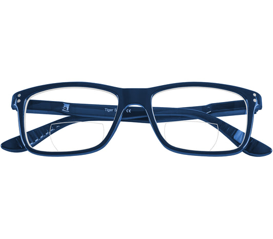 Dexter Bifocal (Blue) bifocal unisex reading glasses. Dark blue frames with a glossy finish. Front view.