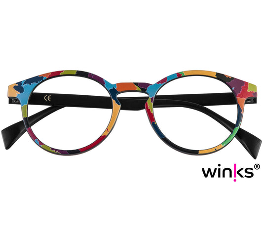 Fantasy (Multi-coloured) unisex, multicoloured reading glasses with a distinctive pattern and classic shaped round lenses. Front view.