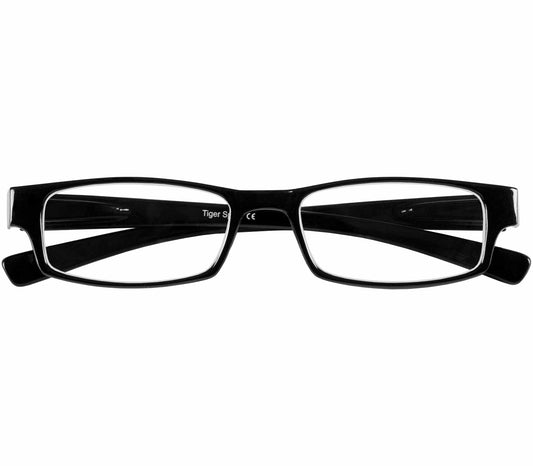 Magic (Black) classic slim unisex glasses in a glossy black finish. Front view.