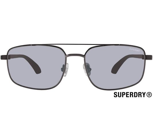 Maverick (Gunmetal) statement aviator sunglasses by Superdry. Oversized, gunmetal frames and smoke grey lenses. Front view.