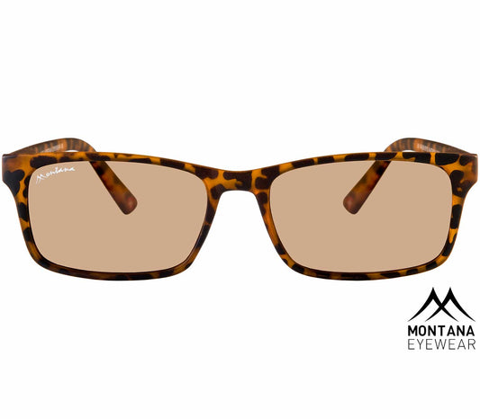 Sunlight (Tortoiseshell) classic unisex reading glasses with rectangular brown tinted lenses and a bold tortoiseshell frame. Front view.