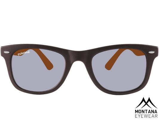 Valencia (Orange) classic wayfarer shaped sunglasses with a black and orange frame. Large oval, smoke grey lenses. Front view.