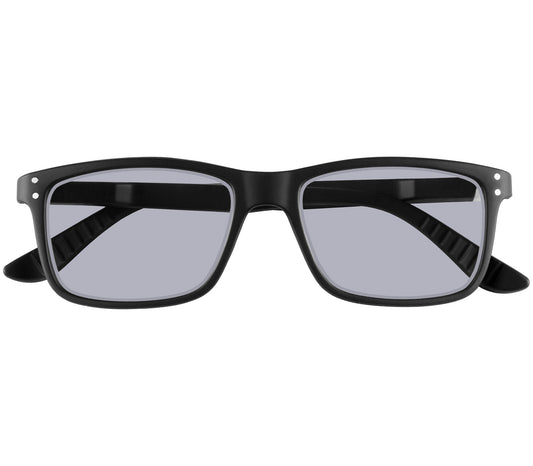 Lucca (Black) classic unisex reading glasses with a matt black frame and grey tinted lenses. Front view.