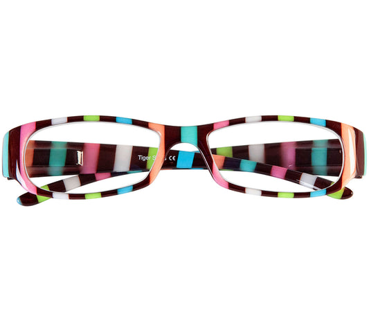 Shandy (Multi-coloured) classic women's reading glasses with striped multicoloured frames and a glossy finish. Front view.