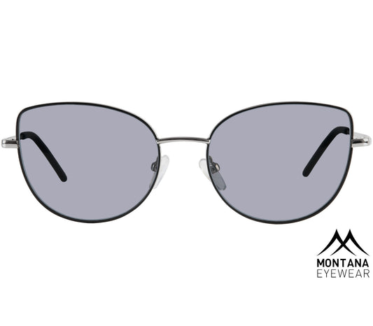 California (Silver) slender silver and black cat eye style sunglasses with smoke grey lenses. Front view.