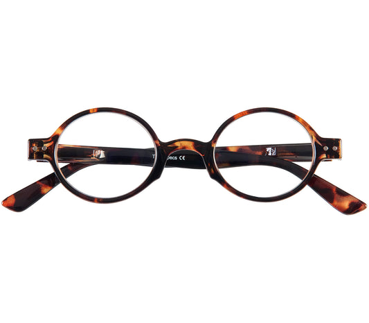Woodstock (Tortoiseshell) super retro style reading glasses with round lenses in a deep tortoiseshell finish. Front view.