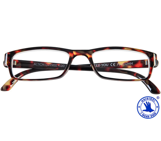 Action (Tortoiseshell) unisex reading glasses. Classic shaped glasses with a tortoiseshell translucent finish. Front view.