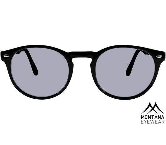 Daytona (Black) retro style sunglasses with a slender frame and smoke grey lenses. Front view.