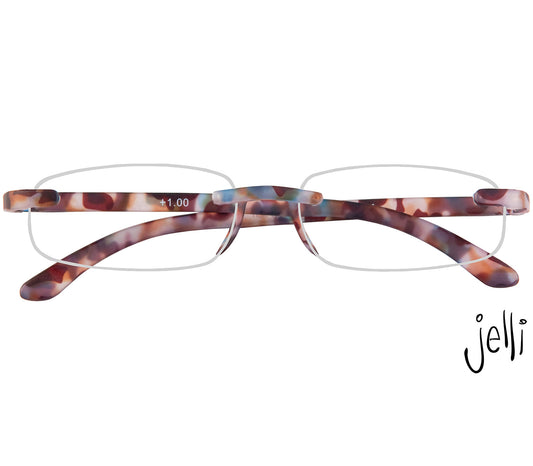 Jelli (Multi Tortoise) rimless, slim reading glasses with semi translucent, tortoiseshell arms and bridge. Front view.