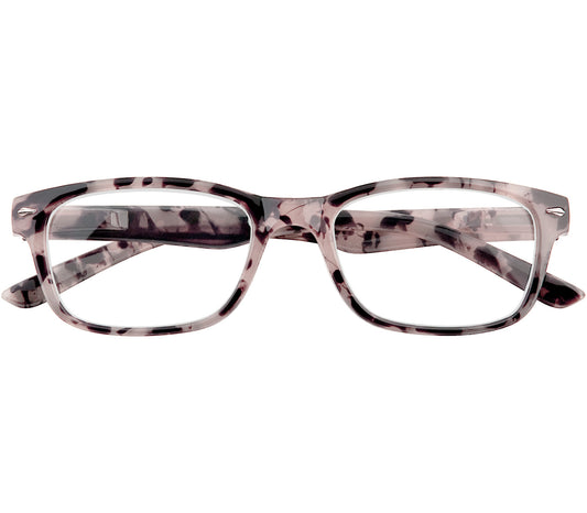 Zante (Tortoiseshell) classic shaped unisex reading glasses with a grey tortoiseshell pattern and rivet detailing. Front view.
