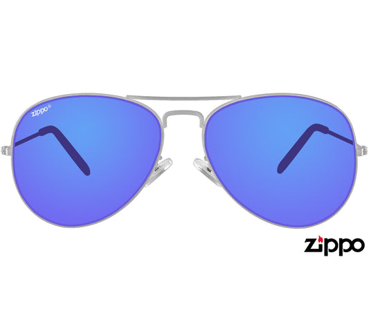 Pilot (Blue) classic aviator sunglasses by Zippo with blue mirror lenses and slender metal frames. Front view.