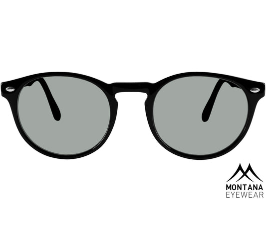 Ashton (Black) retro style sunglasses with a slender frame and green tinted lenses. Front view.