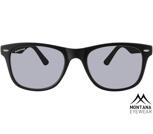 Oasis (Black) classic black wayfarer sunglasses with large, smoke grey tinted lenses. Front view.