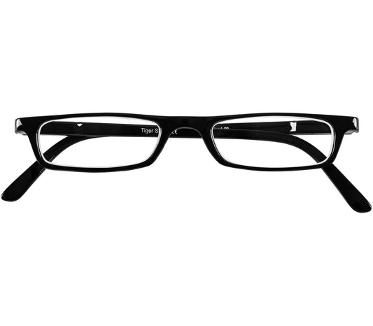 Mylo (Black) classic shape, slim reading glasses with black glossy frame. Front view.