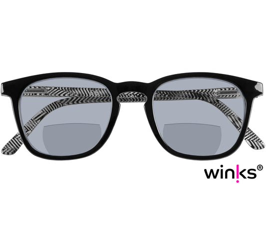 Capri (Black) bifocal reading sunglasses. Retro shaped frames with chevron patterned arms. Front view.