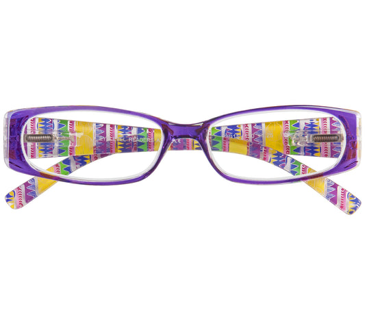Aztec (Purple) reading glasses with aztec patterned arms and purple frame. Front view.