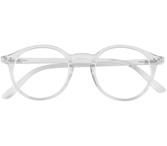 Oskar (Clear) unisex reading glasses with large round lenses and a clear frame. Front view.