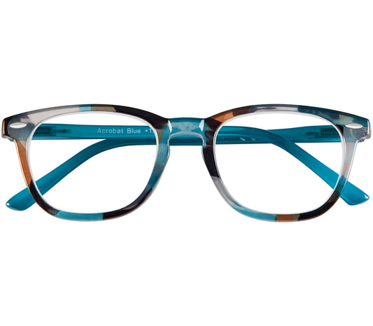 Acrobat (Blue) Reading Glasses. Unisex, retro shape with large oval lenses and blue pattern. Front view.