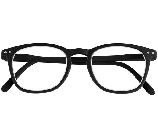 Scholar (Black) retro unisex reading glasses with large oval shaped lenses, slender black frames and rivet details. Front view.
