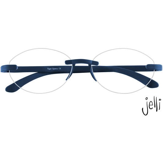 Jelli Solo (Blue) round, rimless reading glasses with soft touch finish, deep blue details. Front view.