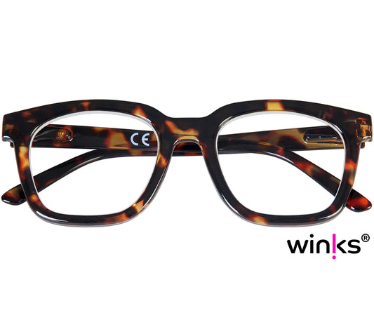 Toast (Tortoiseshell) retro and classic reading glasses with large, oversized lenses and slender temples. Front view.