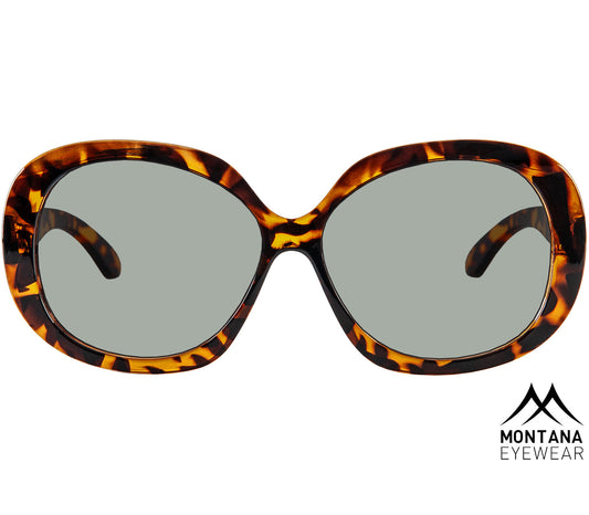 Bella (Tortoiseshell) oversized retro sunglasses with large round green tinted lenses. Rivet details and a glossy tortoiseshell frame. Front view.