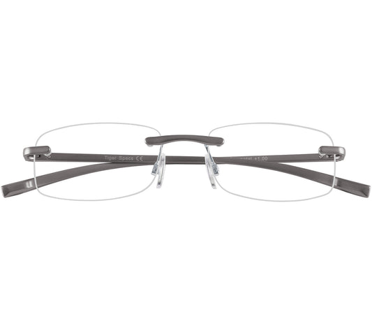 Architect (Gunmetal) rimless, unisex reading glasses. Gunmetal metal bridge and temples. Front view.