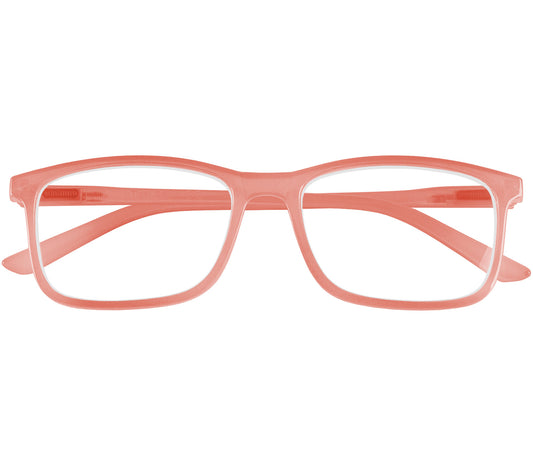 Sundae (Coral) classic shaped unisex reading glasses with a light slender frame and rectangular lenses. Front view.