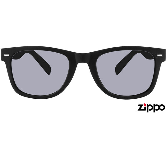 Primo (Black) classic wayfarer sunglasses from Zippo with a black frame and tinted grey lenses. Side view.