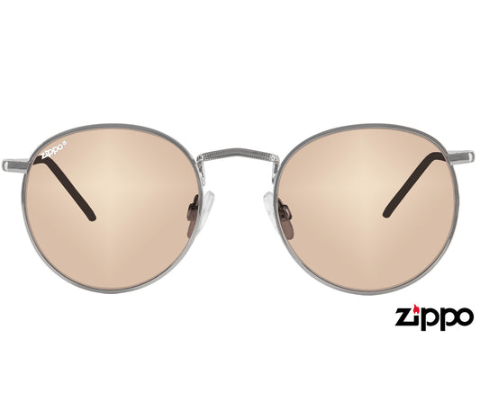 Tresco (Silver) Brushed silver round sunglasses with a slender metal frame and brown tinted lenses. Front view.