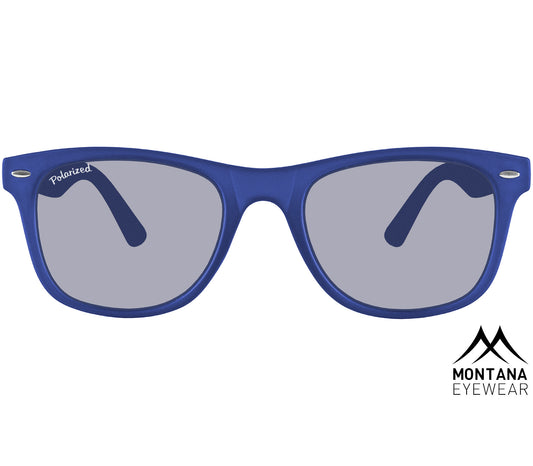 Oasis (Blue) classic blue wayfarer sunglasses with large, smoke grey tinted lenses. Front view.