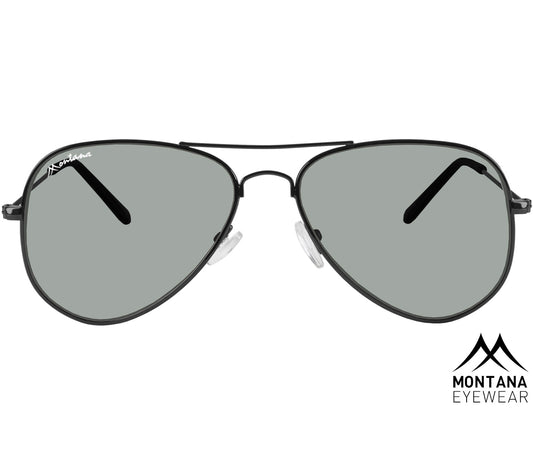Fiji (Black) aviator style sunglasses with a black frame and green tinted lenses. Front view.