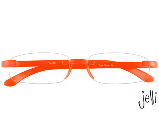 Jelli Neon (Orange) rimless, slim reading glasses with semi-translucent bright orange temples and bridge. Front view.