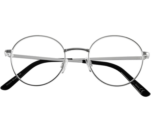 Wizard (Silver) round, metal framed reading glasses with adjustable nose pads. Front view.