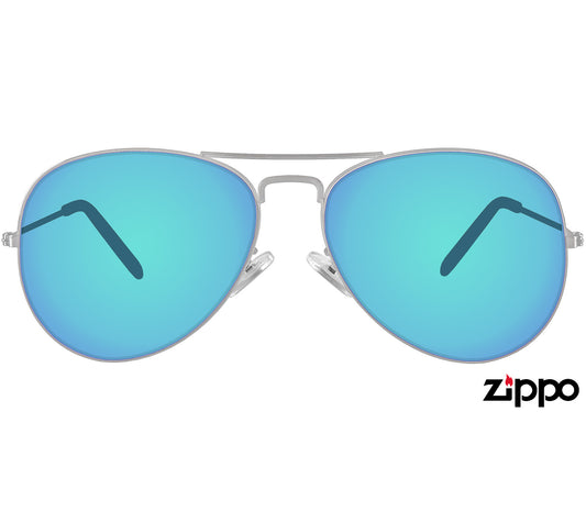 Pilot (Blue) classic aviator sunglasses by Zippo with turquoise mirror lenses and slender metal frames. Front view.