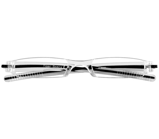 Soda (Black) sleek, compact and ultra lightweight reading glasses with clear frames and black detailed temples. Front view.