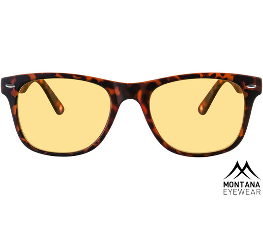 Grid (Tortoiseshell) classic wayfarer shaped night driving glasses. Wide arms and tortoiseshell pattern. Front view.