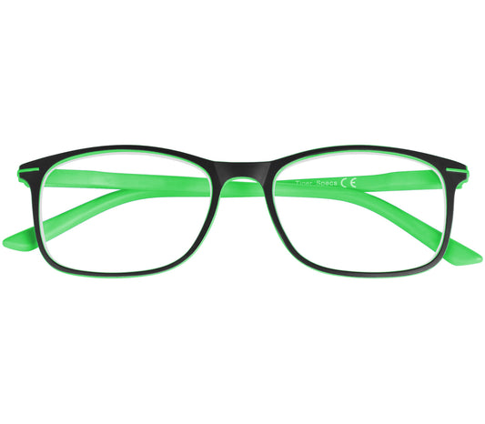 Jazz (Green) classic shape reading glasses with rectangular lenses in a two tone green and black frame. Front view.