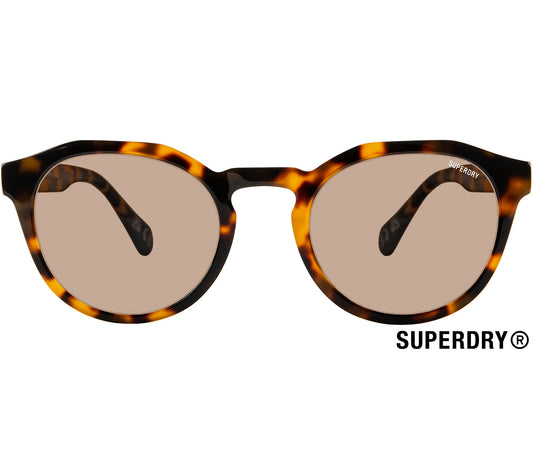 Chaos (Tortoiseshell) retro glasses by Superdry. Chunky tortoiseshell frames and brown tinted lenses. Front view.