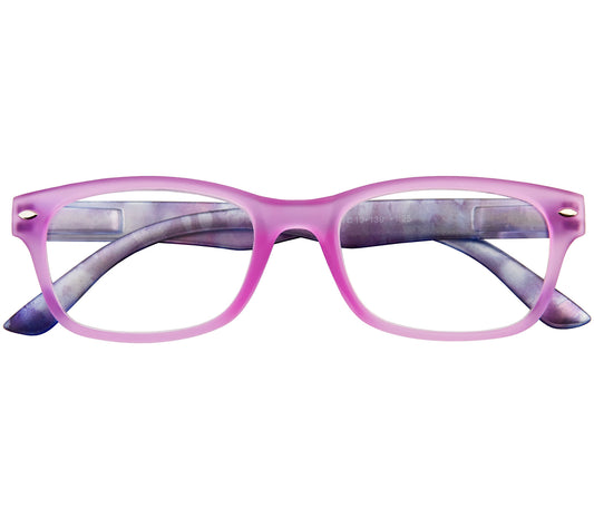 Freedom (Pink) women's oval shaped reading glasses with pink frames and patterned arms. Front view.