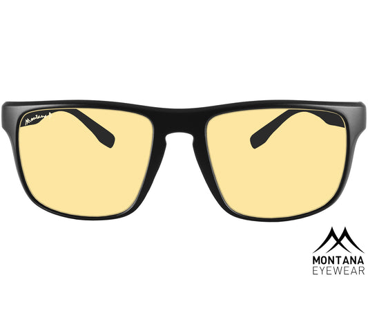 Mondello (Black) classic black wrap-around night driving glasses with black frames and yellow tinted anti glare lenses. Front view.