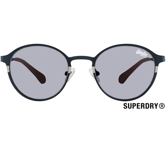 Boss (Blue) retro style sunglasses by Superdry. Navy blue metal frames and slender arms. Front view.