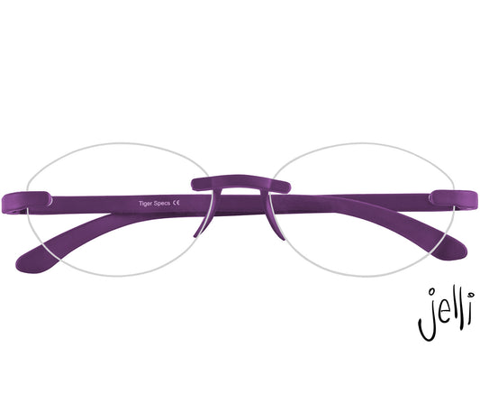 Jelli Solo (Purple) round, rimless reading glasses with matt finish, deep purple details. Front view.