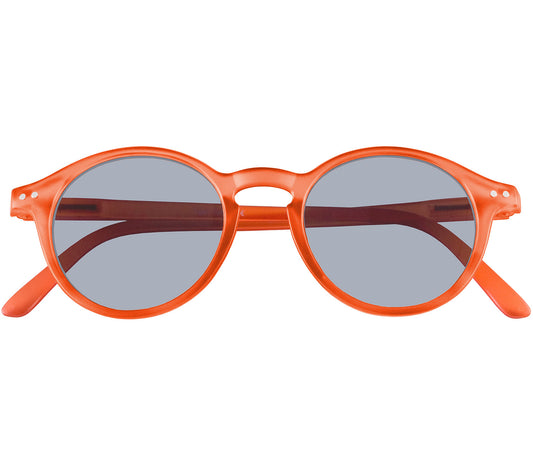 Female model wearing Palma (Grey Tortoise) round lens retro reading sunglasses with a slender frame and soft grey tortoiseshell pattern.